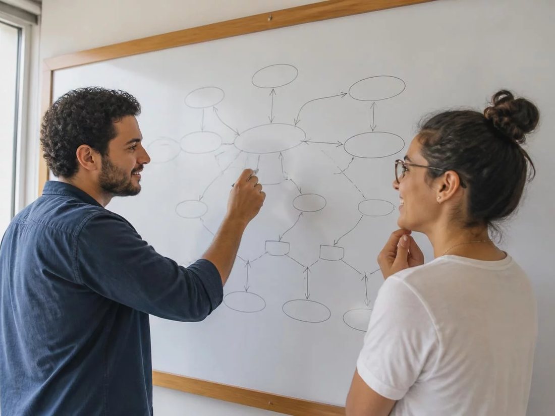 Dupla em pé diante de um quadro branco com o esqueleto de um argumento desenhado